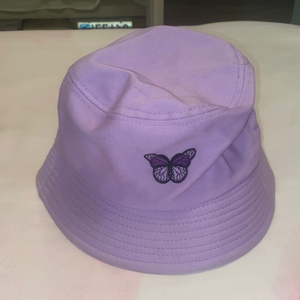Purple Bucket Girls Hat with Butterfly Embroidery